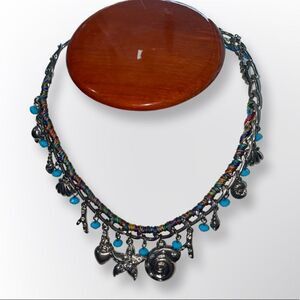 Seashell Charm Statement Necklace 16-18" Silver Metal Charms Turquoise Beads